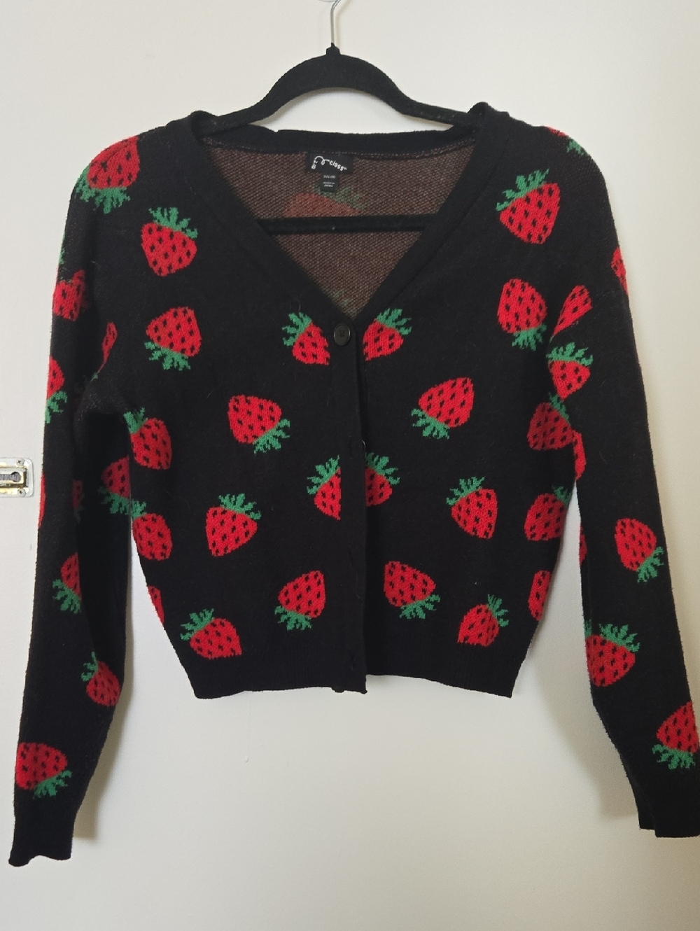 art class Black V-Neck Cardigan with Red and Green Strawberry Motif